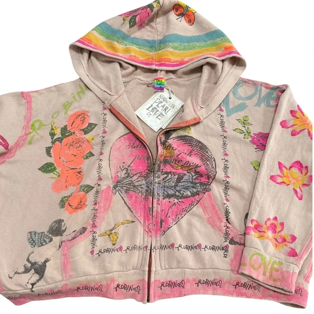 Magnolia Pearl Awaken Sleeping Heart Zip Up Hoodie Sweatshirt Front Pockets NWT